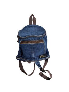 Nine West Denim Mini Backpack Purse Blue Cotton Y2K Brown Trim Zip Bag